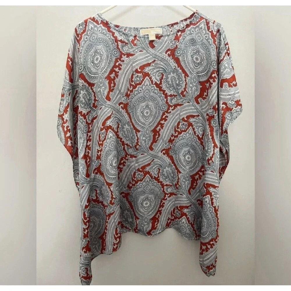 Michael Kors Paisley Print Tunic Top Boho Poncho Summer Silky Lightweight S/M